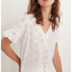 Madewell Top Womens Medium Eyelet Sundrift Ruffle Sleeve White Cotton Boho